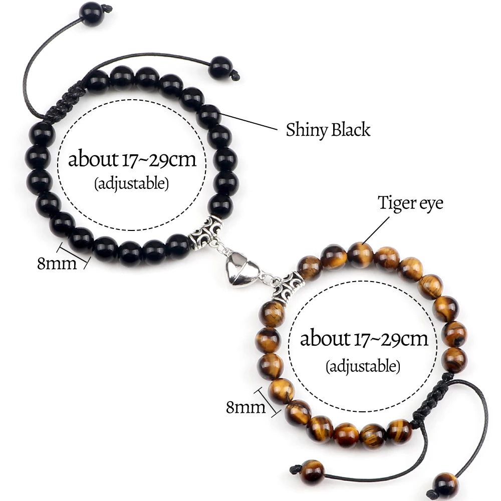 2Pcs Handmade Couple Bracelet 8Mm Black White Natural Stone Beads Heart Magnetic Bracelet Jewelry for Lover Valentine'S Day Gift