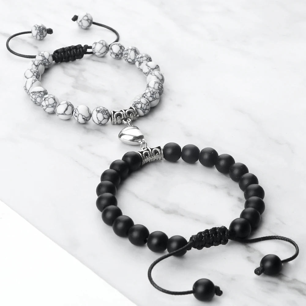 2Pcs Handmade Couple Bracelet 8Mm Black White Natural Stone Beads Heart Magnetic Bracelet Jewelry for Lover Valentine'S Day Gift