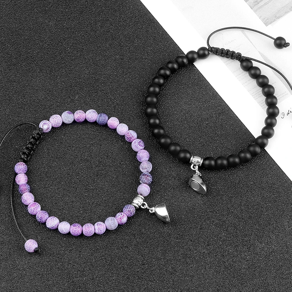 2Pcs Handmade Couple Bracelet 8Mm Black White Natural Stone Beads Heart Magnetic Bracelet Jewelry for Lover Valentine'S Day Gift