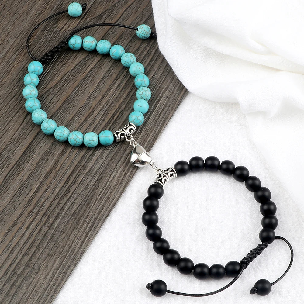 2Pcs Handmade Couple Bracelet 8Mm Black White Natural Stone Beads Heart Magnetic Bracelet Jewelry for Lover Valentine'S Day Gift