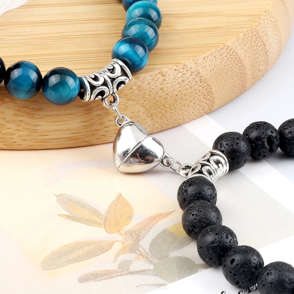 2Pcs Handmade Couple Bracelet 8Mm Black White Natural Stone Beads Heart Magnetic Bracelet Jewelry for Lover Valentine'S Day Gift
