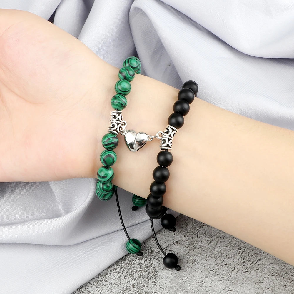 2Pcs Handmade Couple Bracelet 8Mm Black White Natural Stone Beads Heart Magnetic Bracelet Jewelry for Lover Valentine'S Day Gift