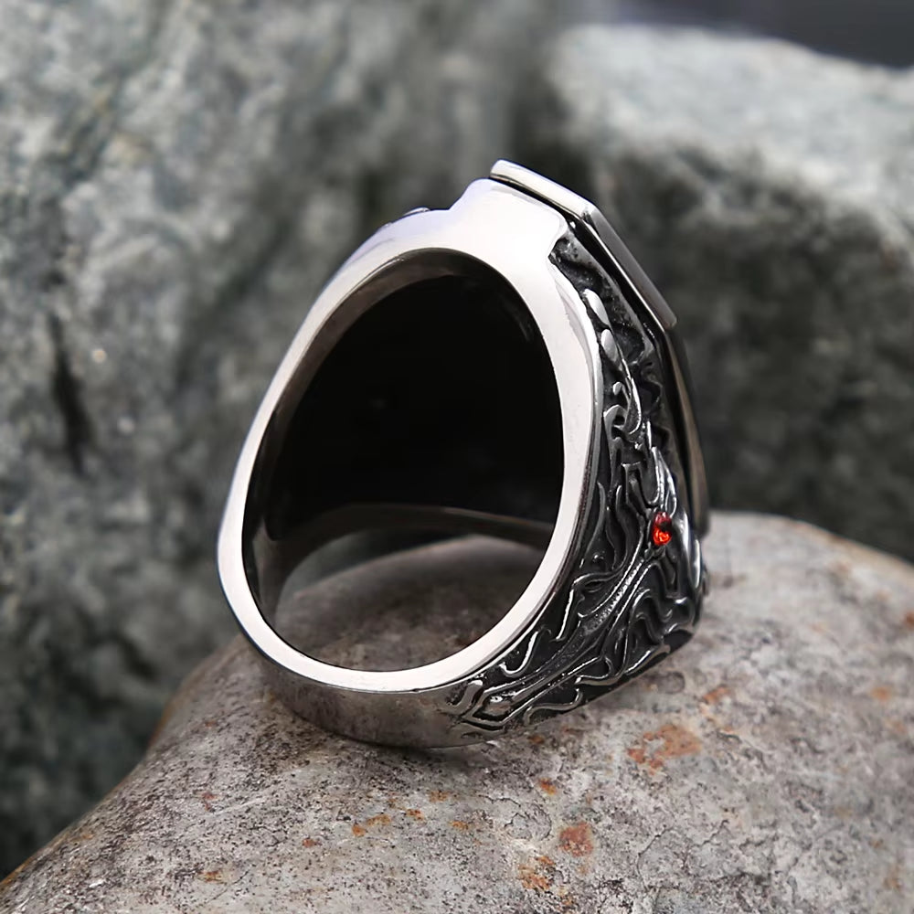 New Design Vintage Vampire Coffin Men'S Ring with Red Stone Stainless Steel Open Rings Fashion Punk Rock Party Jewelry Gifts