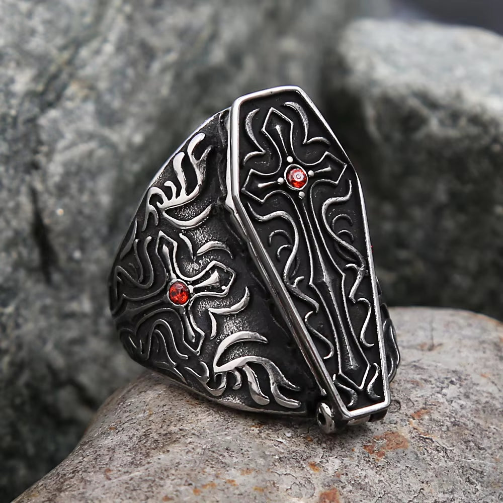 New Design Vintage Vampire Coffin Men'S Ring with Red Stone Stainless Steel Open Rings Fashion Punk Rock Party Jewelry Gifts