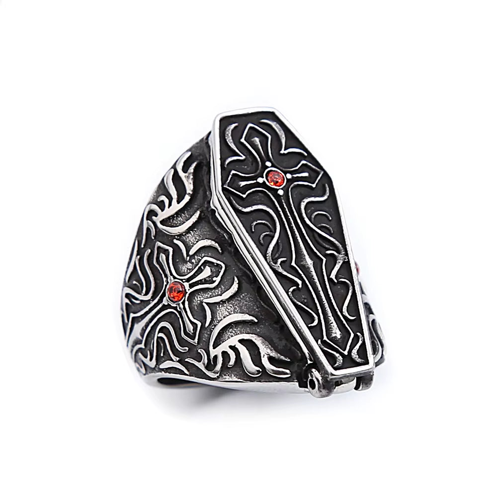 New Design Vintage Vampire Coffin Men'S Ring with Red Stone Stainless Steel Open Rings Fashion Punk Rock Party Jewelry Gifts