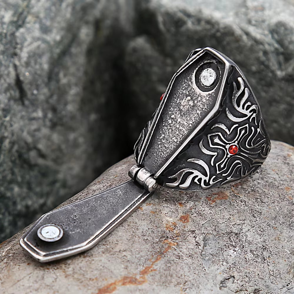 New Design Vintage Vampire Coffin Men'S Ring with Red Stone Stainless Steel Open Rings Fashion Punk Rock Party Jewelry Gifts