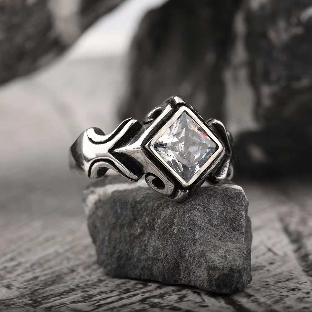 2023 Newest Retro Handmade Vintage Inlaid Zircon Punk Stainless Steel Ring for Men Muslim Jewelry