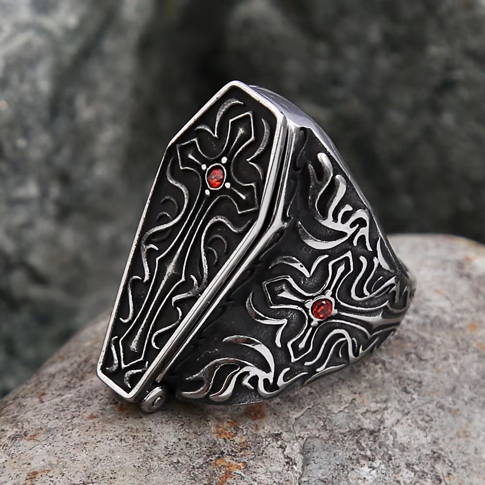 New Design Vintage Vampire Coffin Men'S Ring with Red Stone Stainless Steel Open Rings Fashion Punk Rock Party Jewelry Gifts