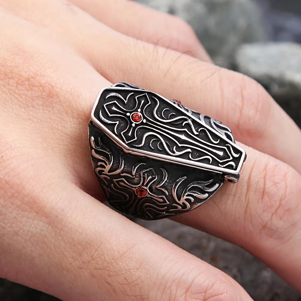 New Design Vintage Vampire Coffin Men'S Ring with Red Stone Stainless Steel Open Rings Fashion Punk Rock Party Jewelry Gifts