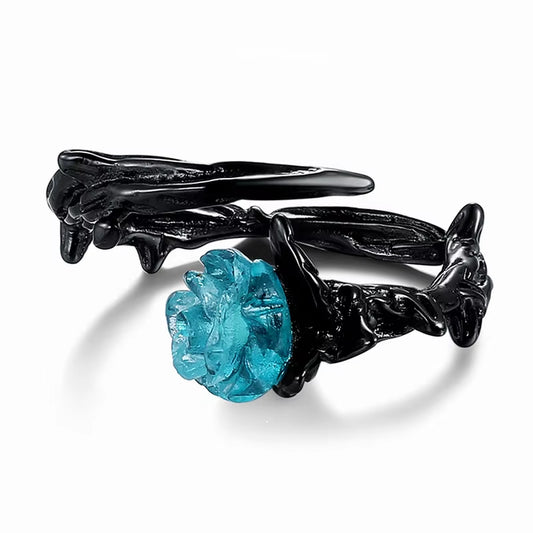 1 Pair Black Gothic Thorns Couple Rings Blue Crystal Rose Punk Creative Finger Ring for Men Women Couple Fashion Jewelry Gifts
