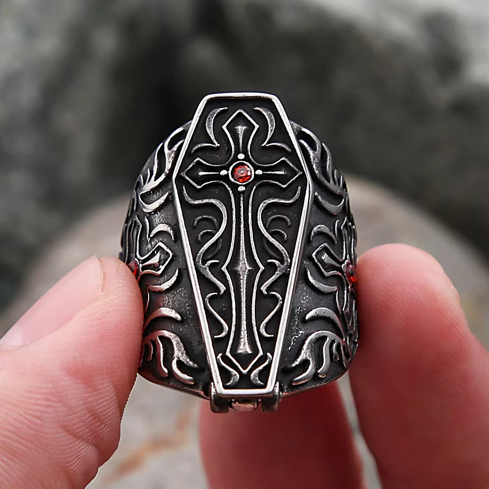 New Design Vintage Vampire Coffin Men'S Ring with Red Stone Stainless Steel Open Rings Fashion Punk Rock Party Jewelry Gifts