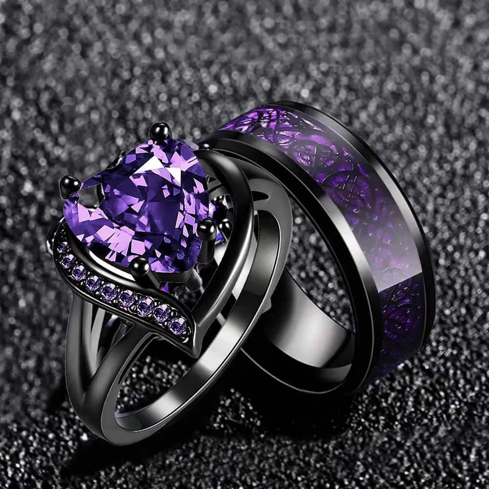 Fashion Couple Rings Romantic Women Heart Purple Rhinestones Zircon Ring Men Stainless Steel Celtic Dragon Ring Wedding Jewelry